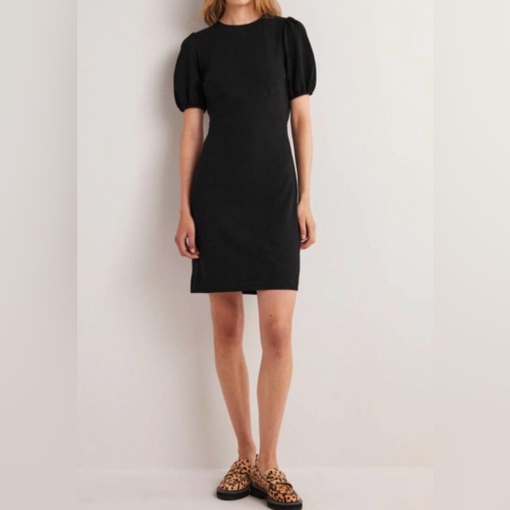 Boden Black Mini Dress with Open Back and Puff Sleeves, New, Size 10